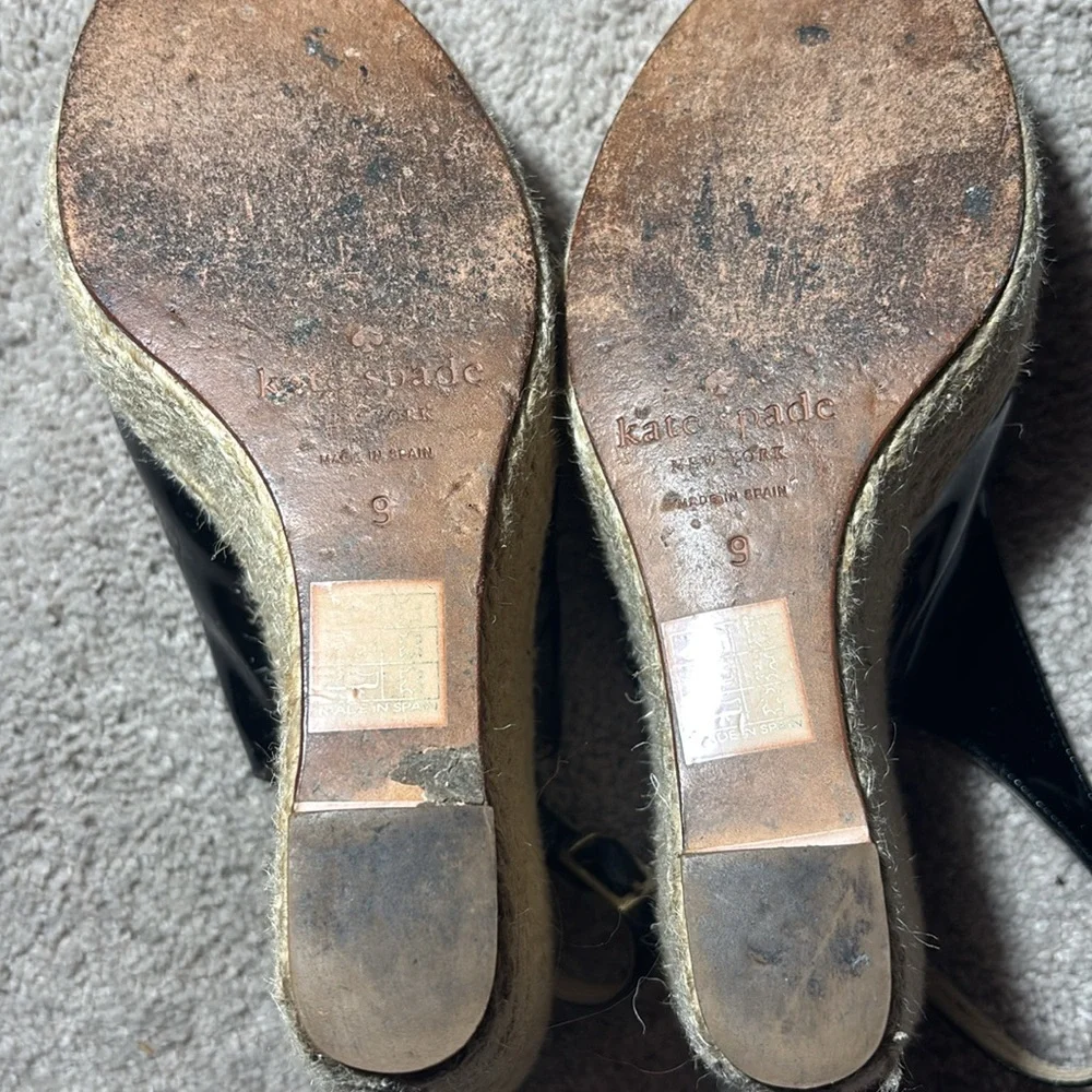 kate spade black patent leather bow platform wedge espadrille open toe heel 9